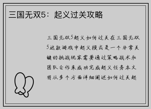 三国无双5：起义过关攻略